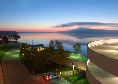 Monona Terrace Community and Convention Center parking lot overlooking Lake Monona in Madison, Wisconsin